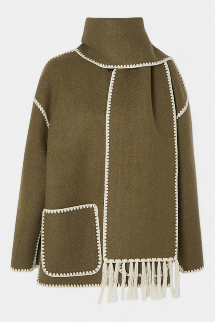 Pauline | Abrigo de Corte Suelto con Bufanda de Flecos Incorporada