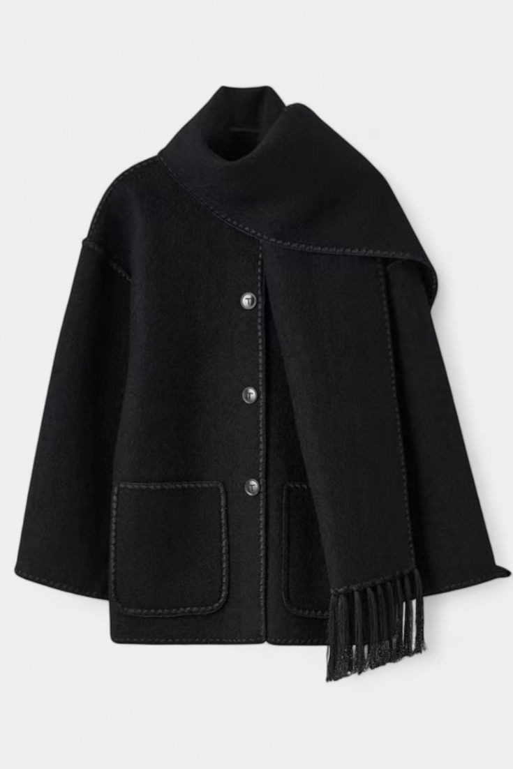 Pauline | Abrigo de Corte Suelto con Bufanda de Flecos Incorporada