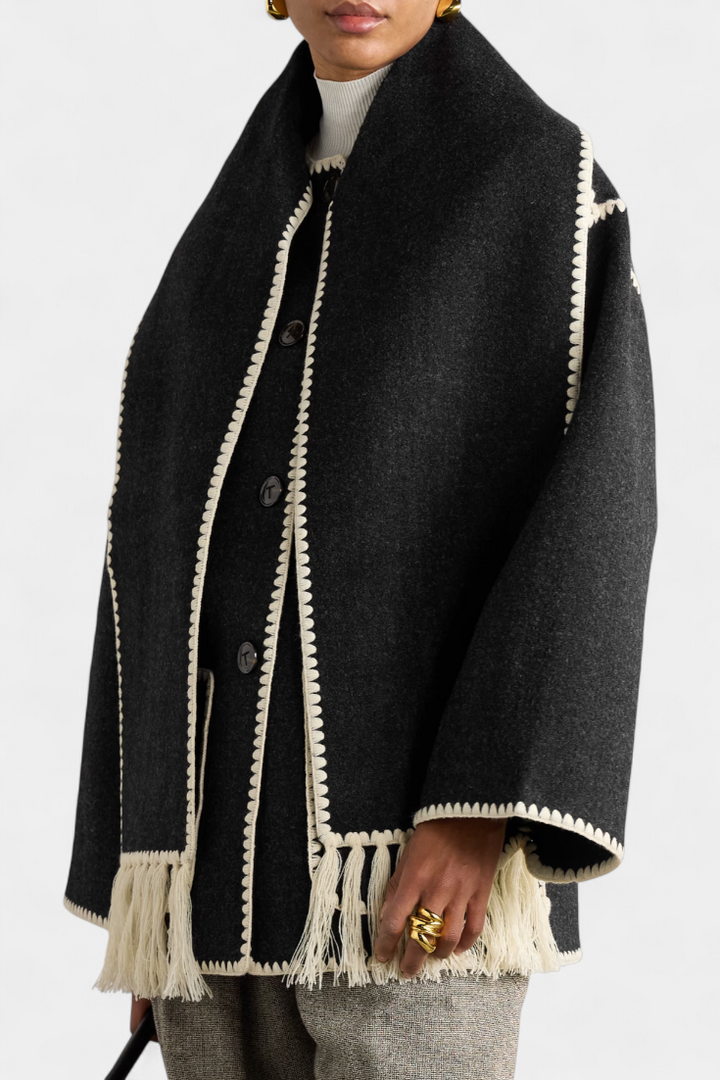 Pauline | Abrigo de Corte Suelto con Bufanda de Flecos Incorporada